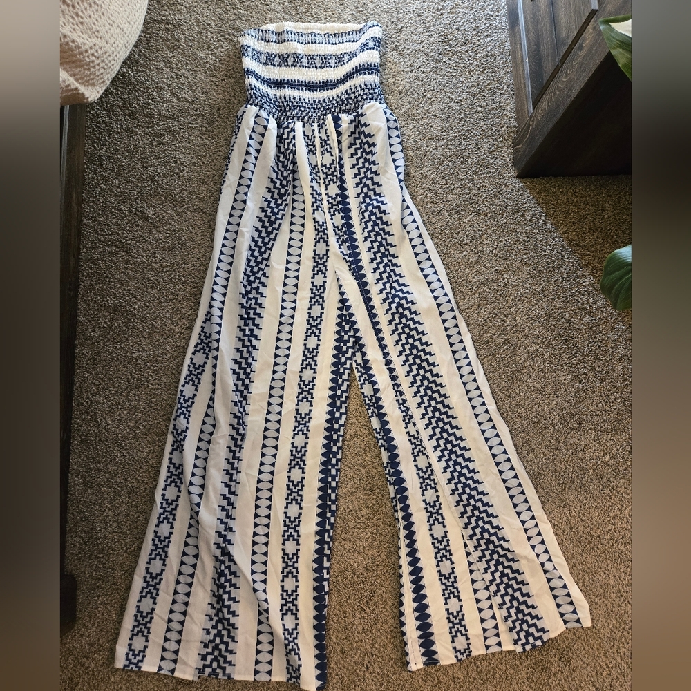 Striped Blue & White Strapless Beach Jumpsuit With Wrap Pants - Picture 2 of 2